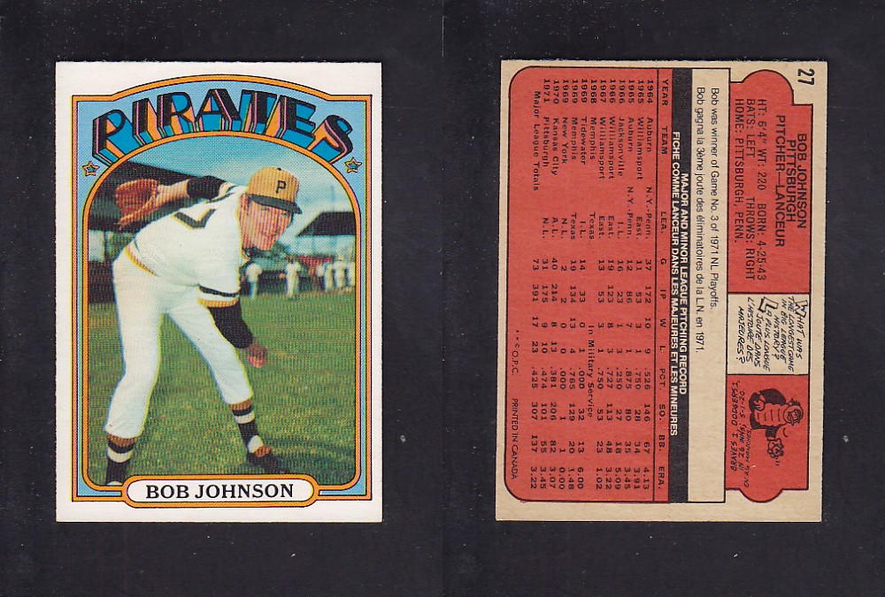 1972 O-PEE-CHEE BASEBALL CARD #27 B. JOHNSON photo