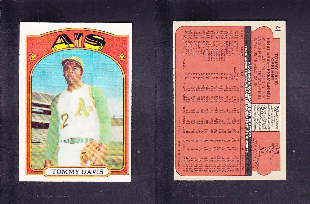 1972 O-PEE-CHEE BASEBALL CARD #41 T. DAVIS photo