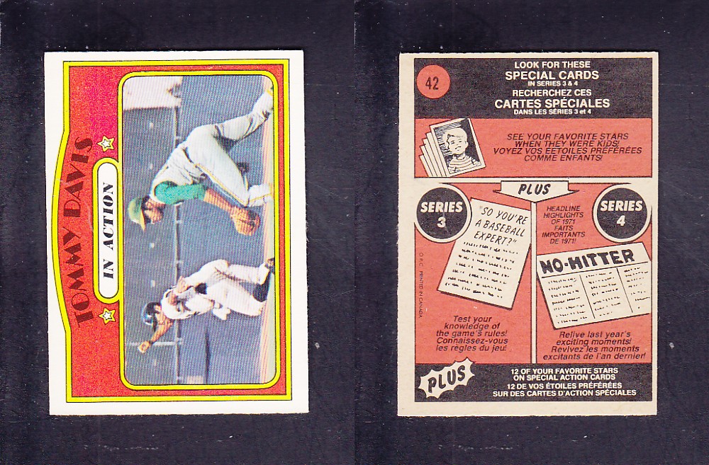 1972 O-PEE-CHEE BASEBALL CARD #42 T. DAVIS IN ACTION photo