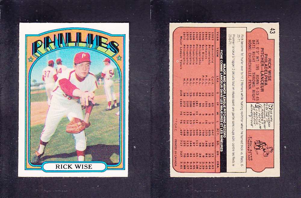 1972 O-PEE-CHEE BASEBALL CARD #43 R. WISE photo