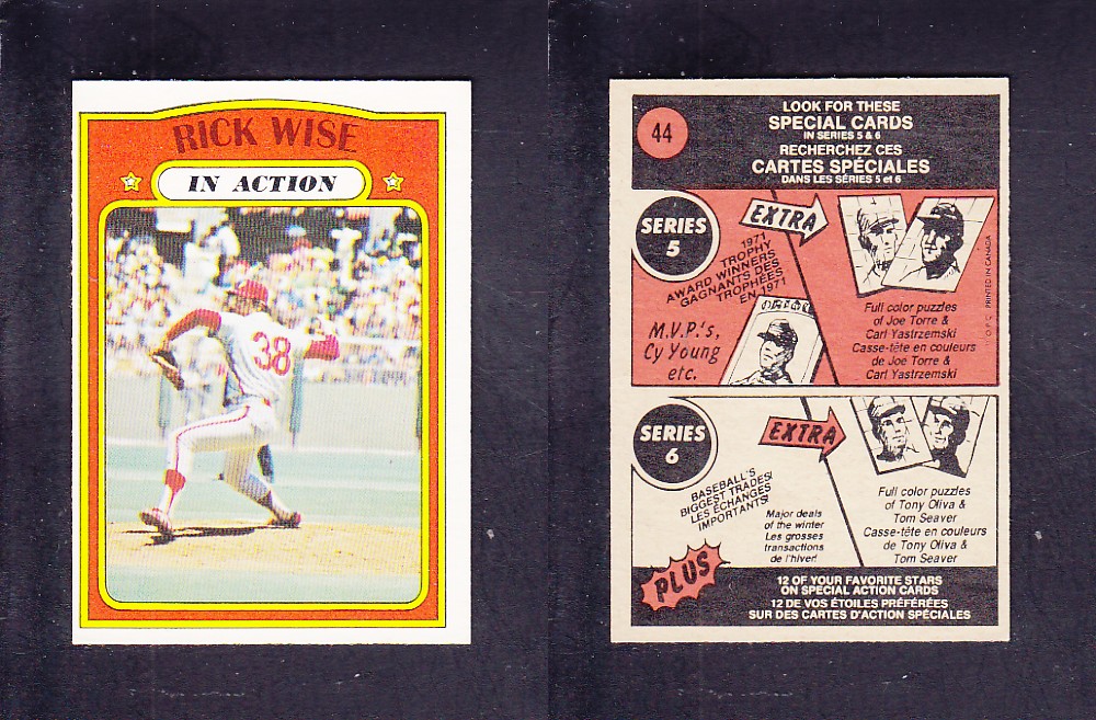 1972 O-PEE-CHEE BASEBALL CARD #44 R. WISE IN ACTION photo