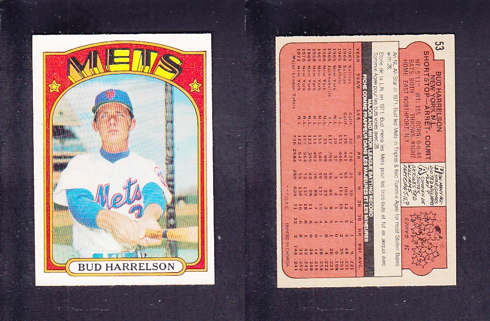 1972 O-PEE-CHEE BASEBALL CARD #53 B. HARRELSON photo