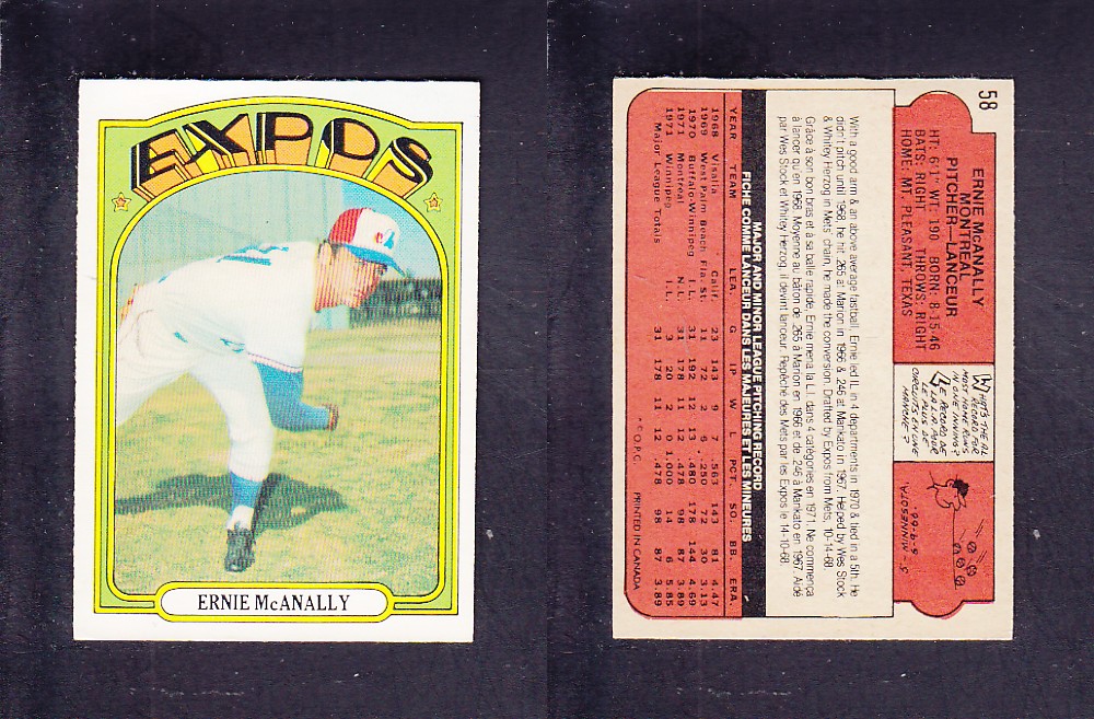 1972 O-PEE-CHEE BASEBALL CARD #58 E. McANALLY photo