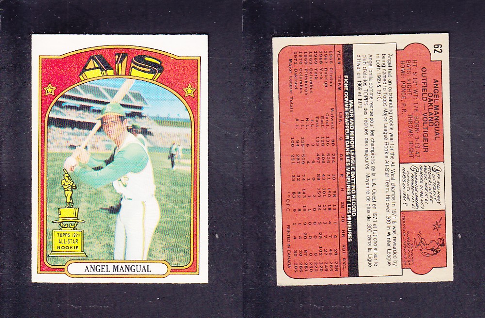 1972 O-PEE-CHEE BASEBALL CARD #62 A. MANGUAL photo