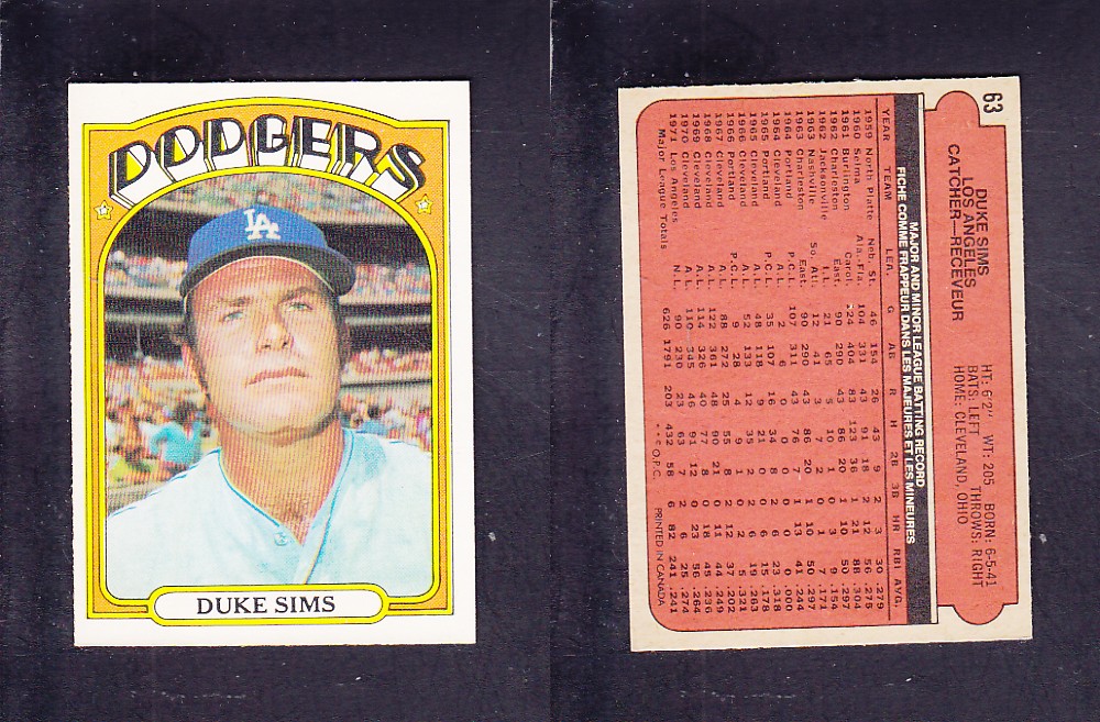 1972 O-PEE-CHEE BASEBALL CARD #63 D. SIMS photo