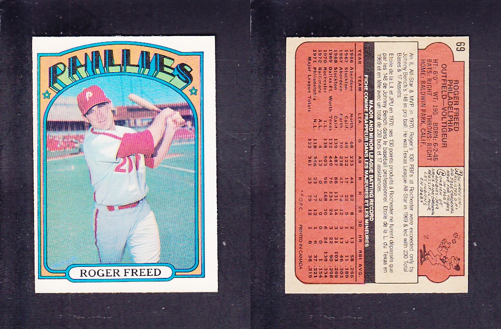 1972 O-PEE-CHEE BASEBALL CARD #69 R. FREED photo