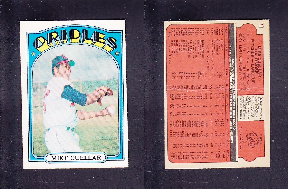 1972 O-PEE-CHEE BASEBALL CARD #70 M. CUELLAR photo