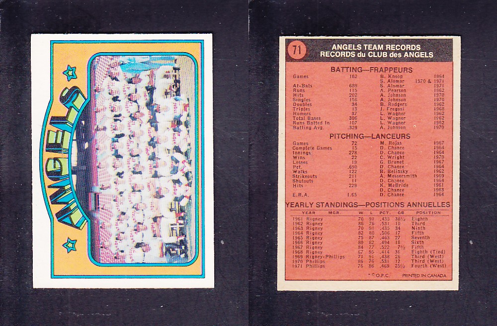 1972 O-PEE-CHEE BASEBALL CARD #71 ANGELS TEAM photo