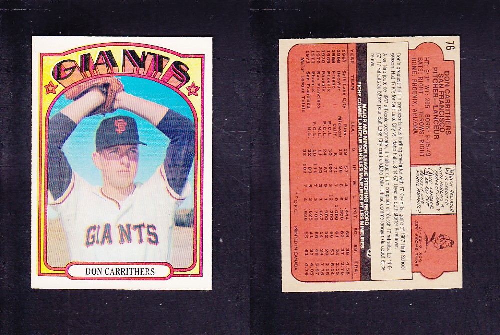 1972 O-PEE-CHEE BASEBALL CARD #76 D. CARRITHERS photo