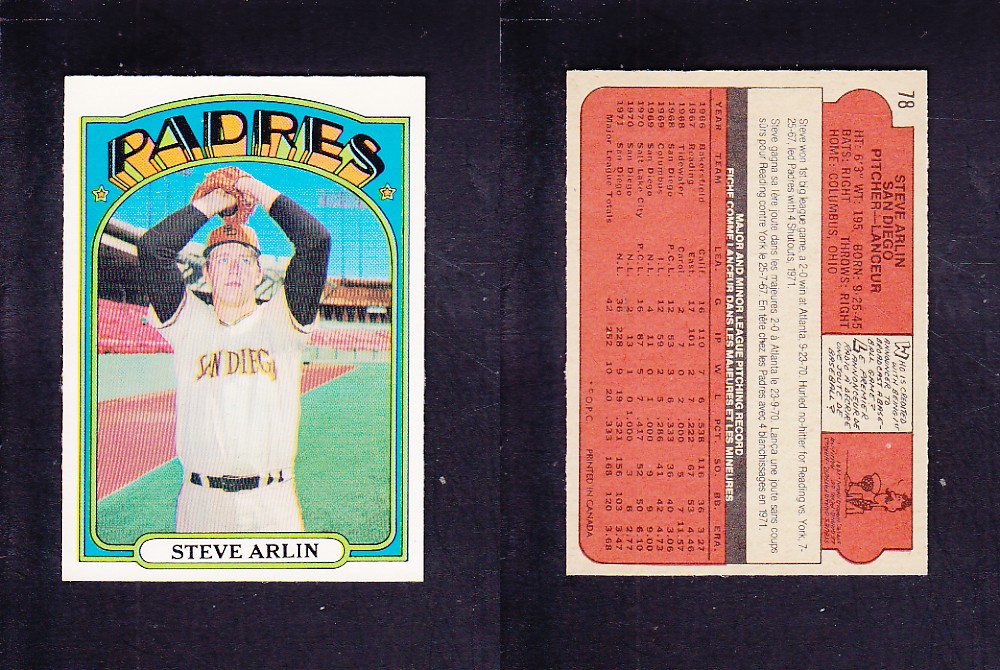 1972 O-PEE-CHEE BASEBALL CARD #78 S. ARLIN photo