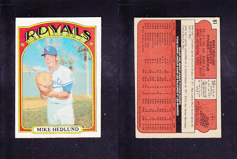 1972 O-PEE-CHEE BASEBALL CARD #81 M. HEDLUND photo