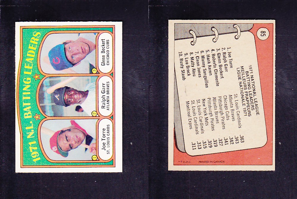 1972 O-PEE-CHEE BASEBALL CARD #85 N.L. BATTING LEADERS photo