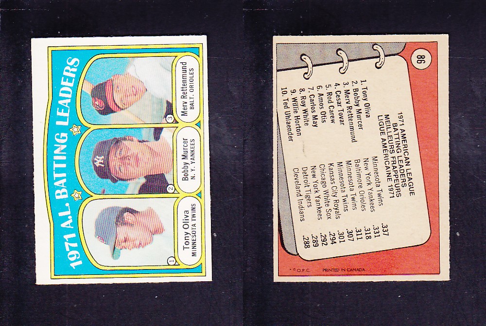 1972 O-PEE-CHEE BASEBALL CARD #86 A.L. BATTING LEADERS photo