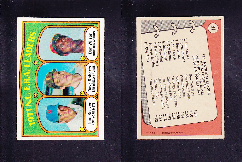 1972 O-PEE-CHEE BASEBALL CARD #91 N.L. E.R.A. LEADERS photo