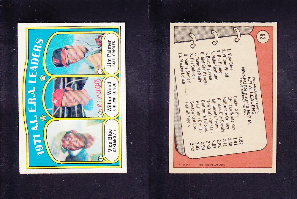 1972 O-PEE-CHEE BASEBALL CARD #92 A.L. E.R.A. LEADERS photo