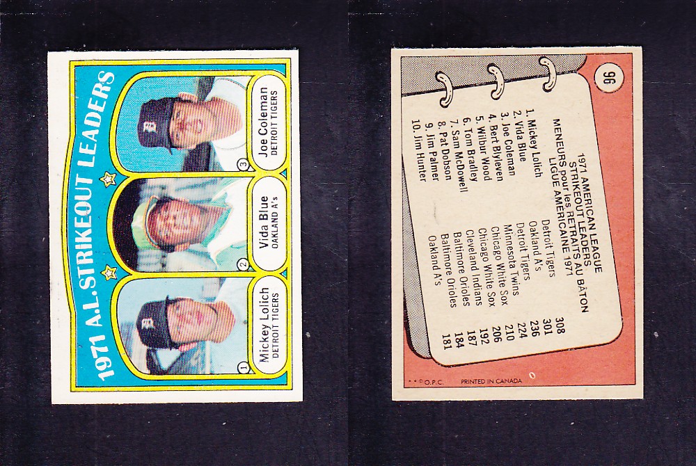 1972 O-PEE-CHEE BASEBALL CARD #96 A.L. STRIKEOUT LEADERS photo