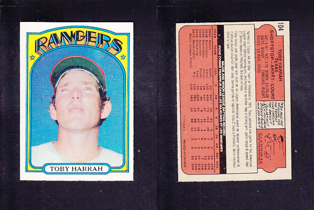 1972 O-PEE-CHEE BASEBALL CARD #104 T. HARRAH photo