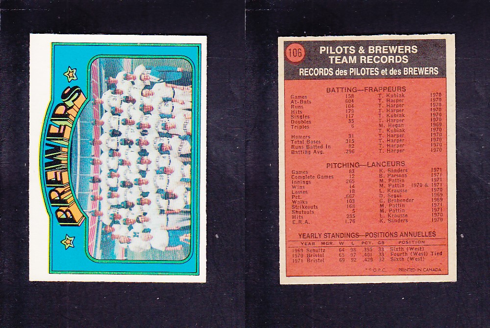1972 O-PEE-CHEE BASEBALL CARD #106 BREWERS TEAM photo