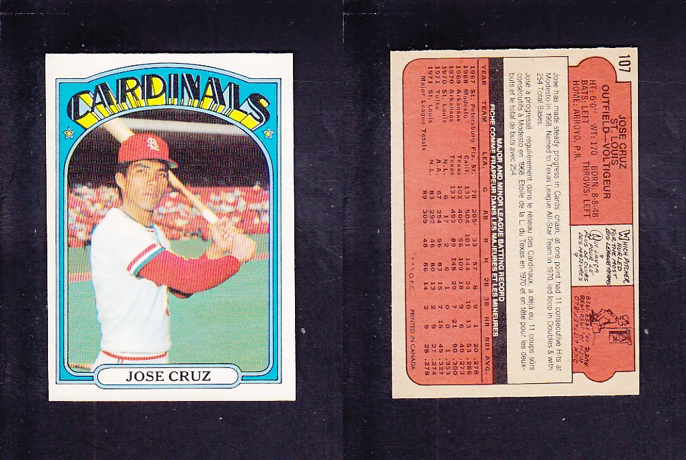 1972 O-PEE-CHEE BASEBALL CARD #107 J. CRUZ photo