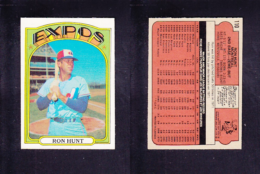 1972 O-PEE-CHEE BASEBALL CARD #110 R. HUNT photo