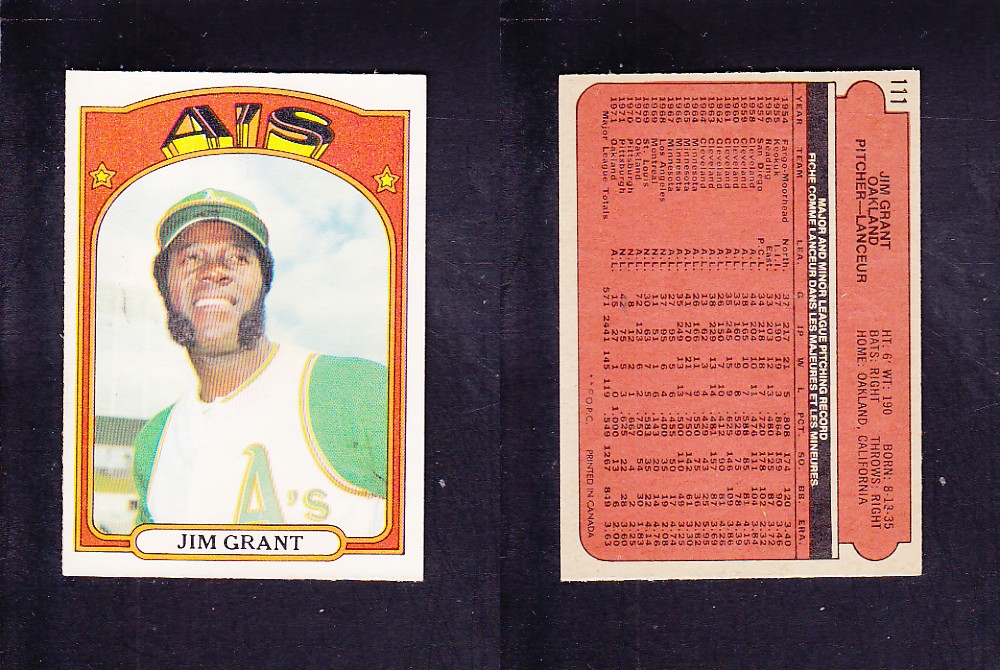 1972 O-PEE-CHEE BASEBALL CARD #111 J. GRANT photo