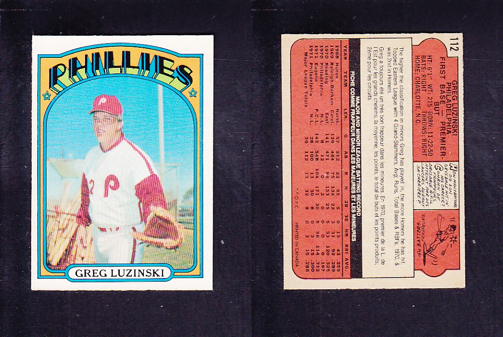 1972 O-PEE-CHEE BASEBALL CARD #112 G. LUZINSKI photo