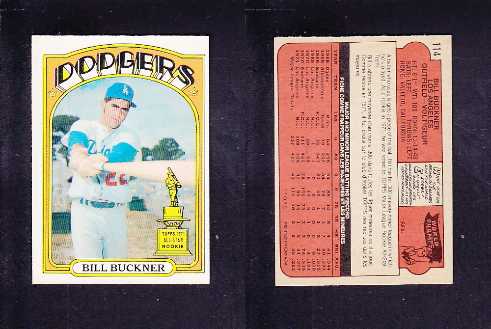 1972 O-PEE-CHEE BASEBALL CARD #114 B. BUCKNER photo