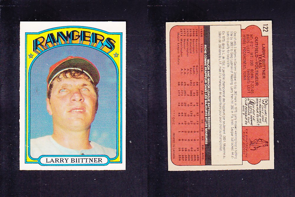 1972 O-PEE-CHEE BASEBALL CARD #122 L. BIITTNER photo