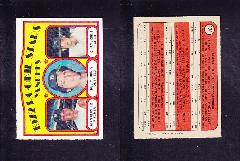 1972 O-PEE-CHEE BASEBALL CARD #124 ROOKIE STARS YANKEES photo