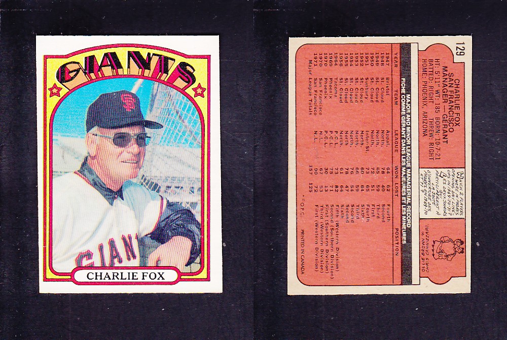 1972 O-PEE-CHEE BASEBALL CARD #129 C. FOX photo