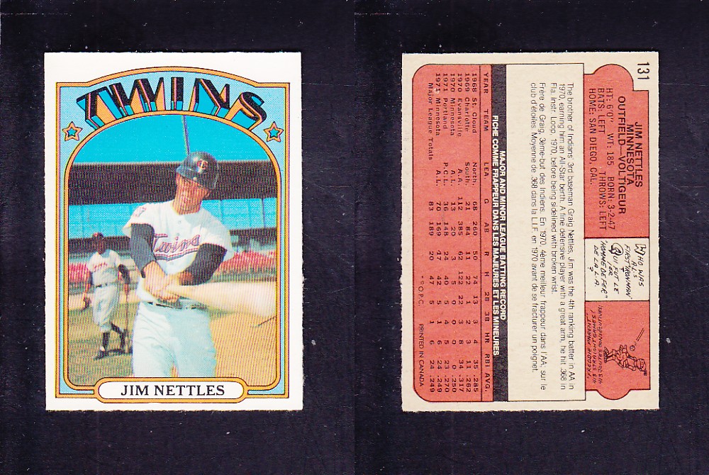 1972 O-PEE-CHEE BASEBALL CARD #131 J. NETTLES photo