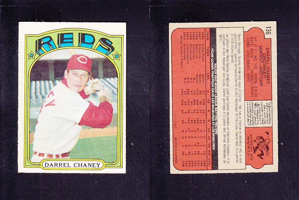 1972 O-PEE-CHEE BASEBALL CARD #136 D. CHANEY photo