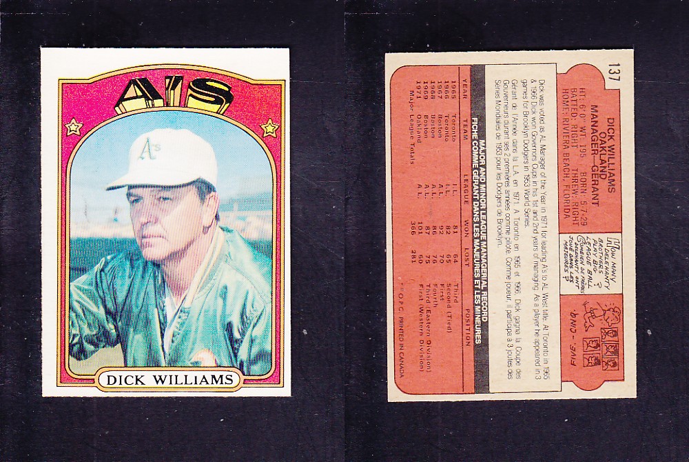 1972 O-PEE-CHEE BASEBALL CARD #137 D. WILLIAMS photo