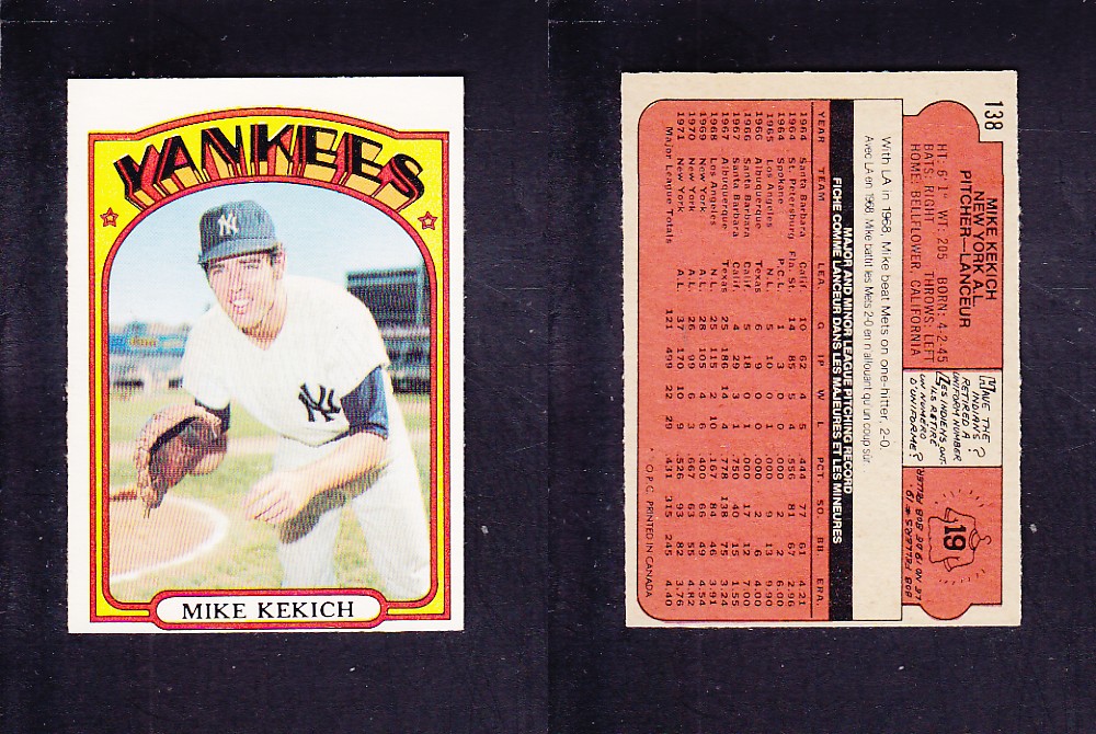 1972 O-PEE-CHEE BASEBALL CARD #138 M. KEKICH photo