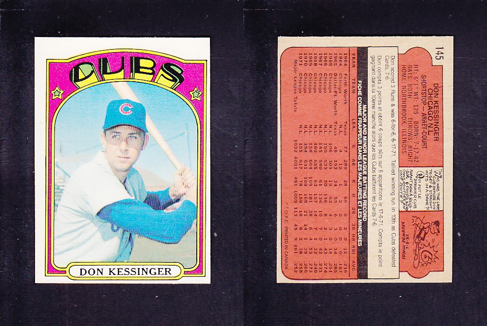 1972 O-PEE-CHEE BASEBALL CARD #145 D. KESSINGER photo