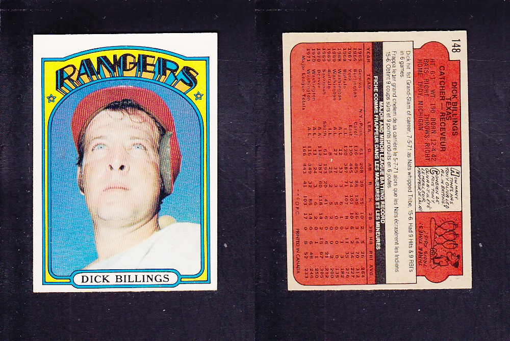 1972 O-PEE-CHEE BASEBALL CARD #148 D. BILLINGS photo