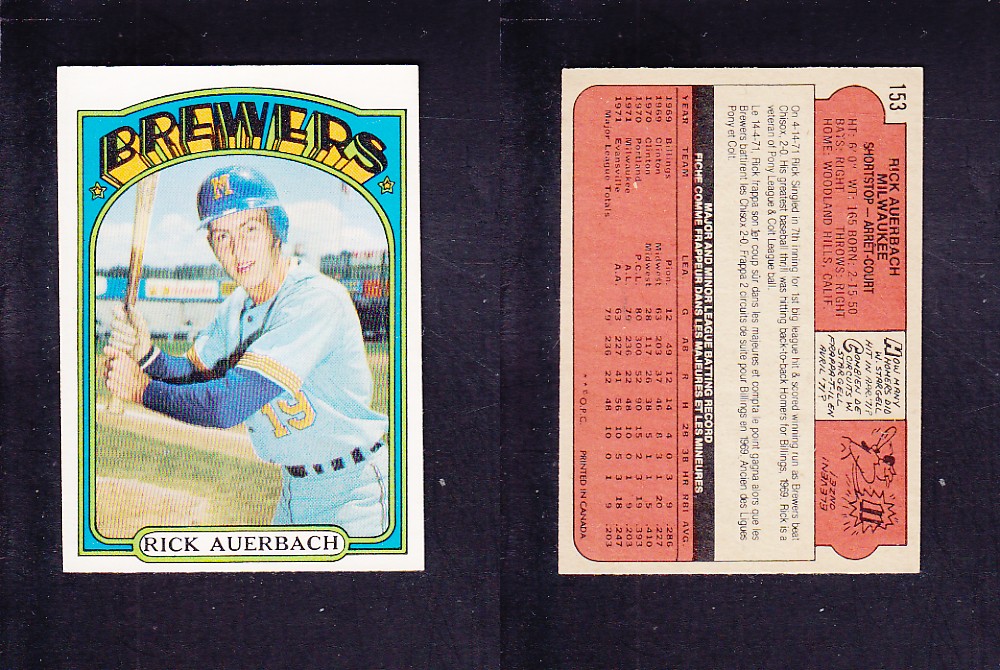 1972 O-PEE-CHEE BASEBALL CARD #153 R. AUERBACH photo