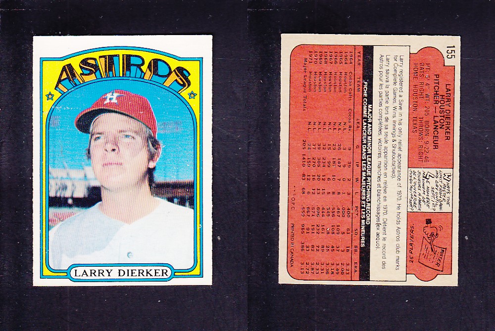 1972 O-PEE-CHEE BASEBALL CARD #155 L. DIERKER photo