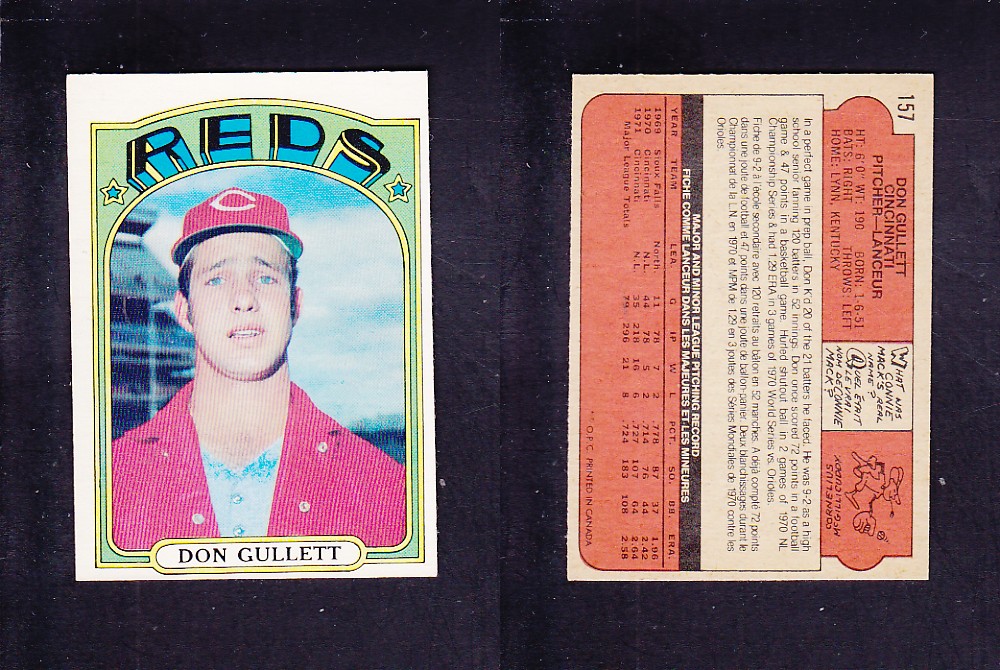 1972 O-PEE-CHEE BASEBALL CARD #157 D. GULLETT photo