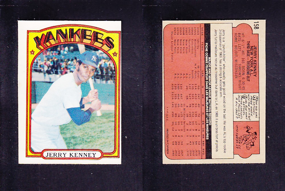 1972 O-PEE-CHEE BASEBALL CARD #158 J. KENNEY photo