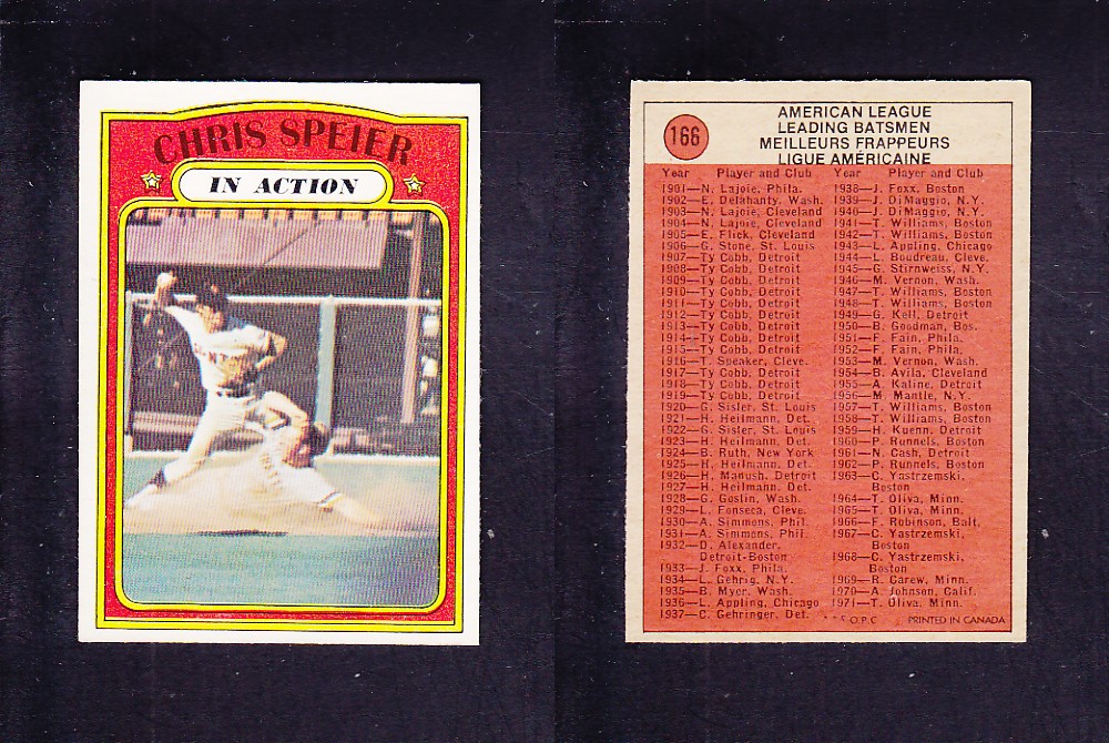 1972 O-PEE-CHEE BASEBALL CARD #166 C. SPEIER IN ACTION photo