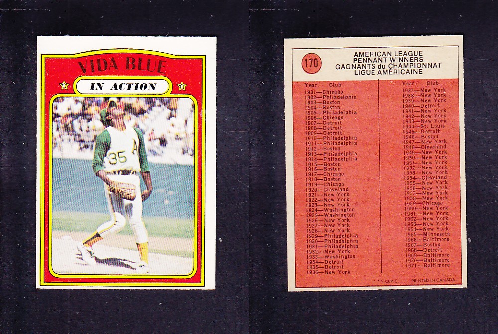 1972 O-PEE-CHEE BASEBALL CARD #170 V. BLUE IN ACTION photo