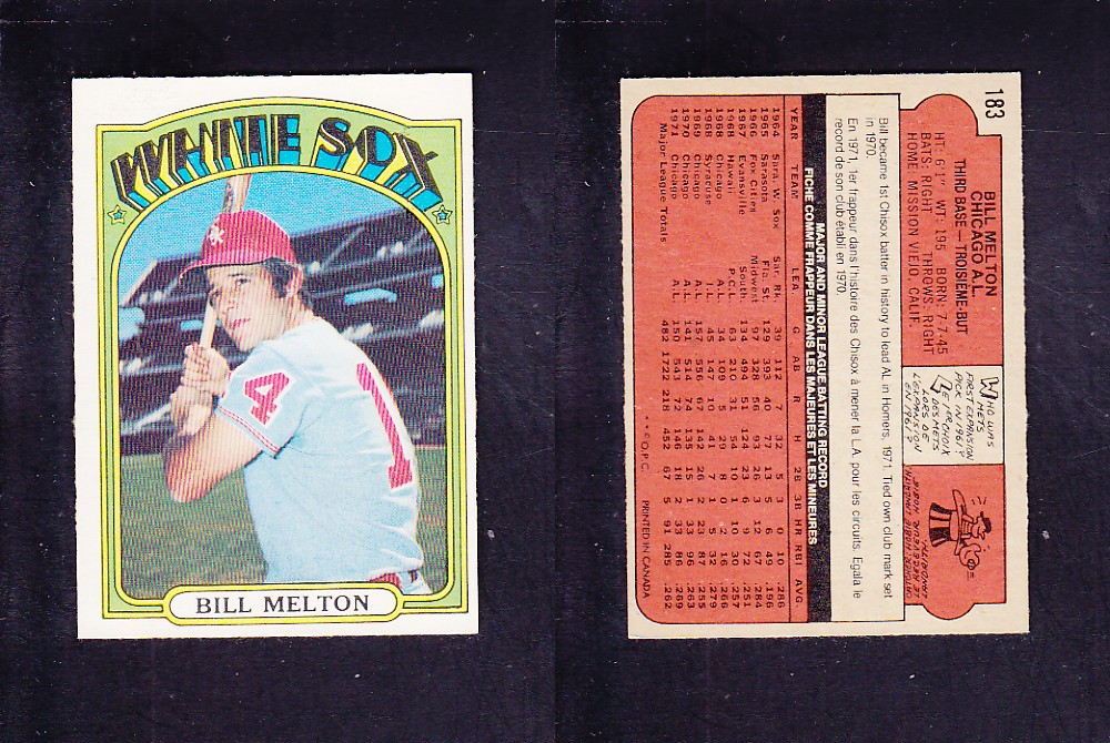 1972 O-PEE-CHEE BASEBALL CARD #183 B. MELTON photo