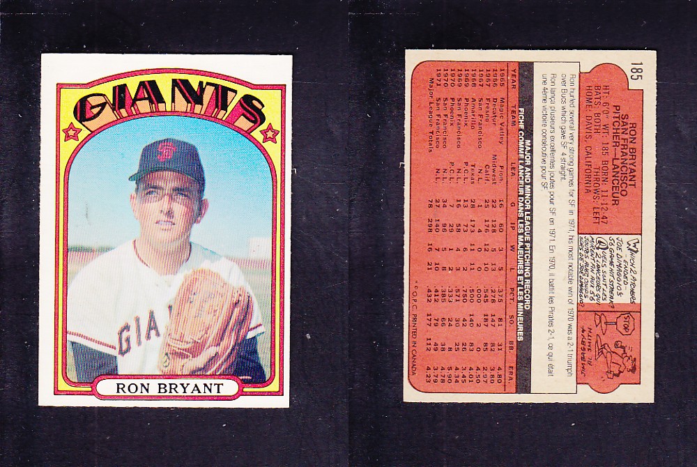 1972 O-PEE-CHEE BASEBALL CARD #185 R. BRYANT photo