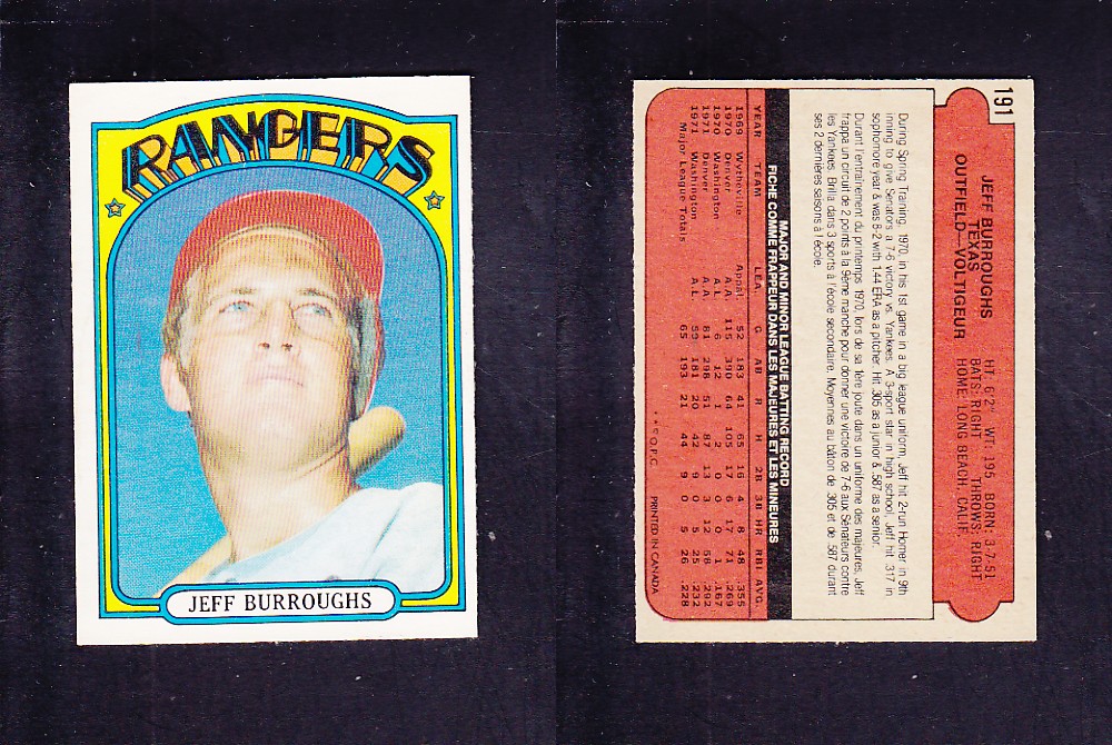 1972 O-PEE-CHEE BASEBALL CARD #191 J. BURROUGHS photo