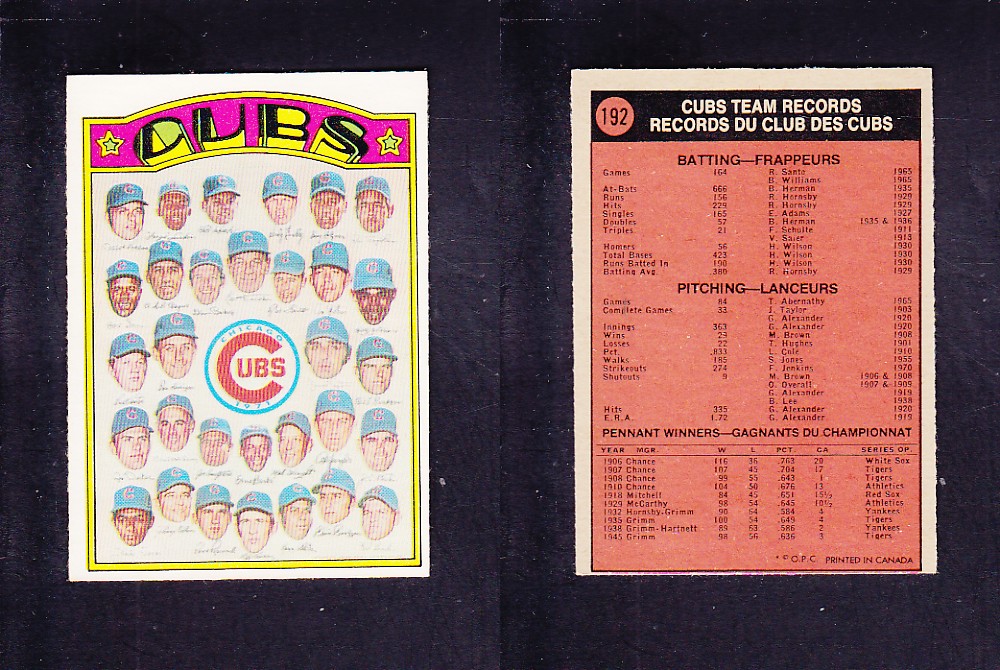 1972 O-PEE-CHEE BASEBALL CARD #192 CUBS TEAM photo