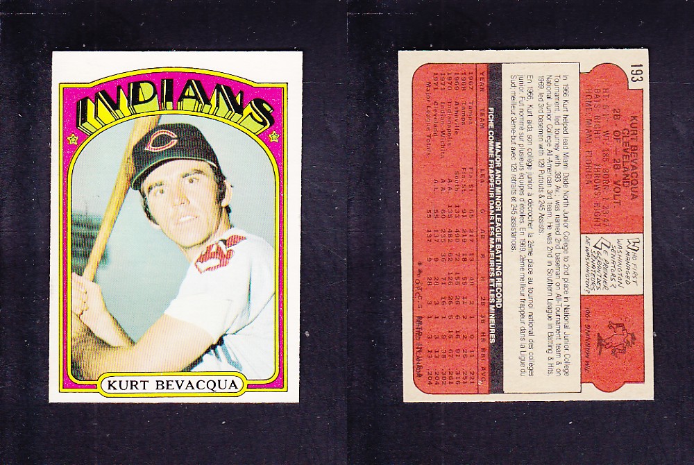 1972 O-PEE-CHEE BASEBALL CARD #193 K. BEVACQUA photo