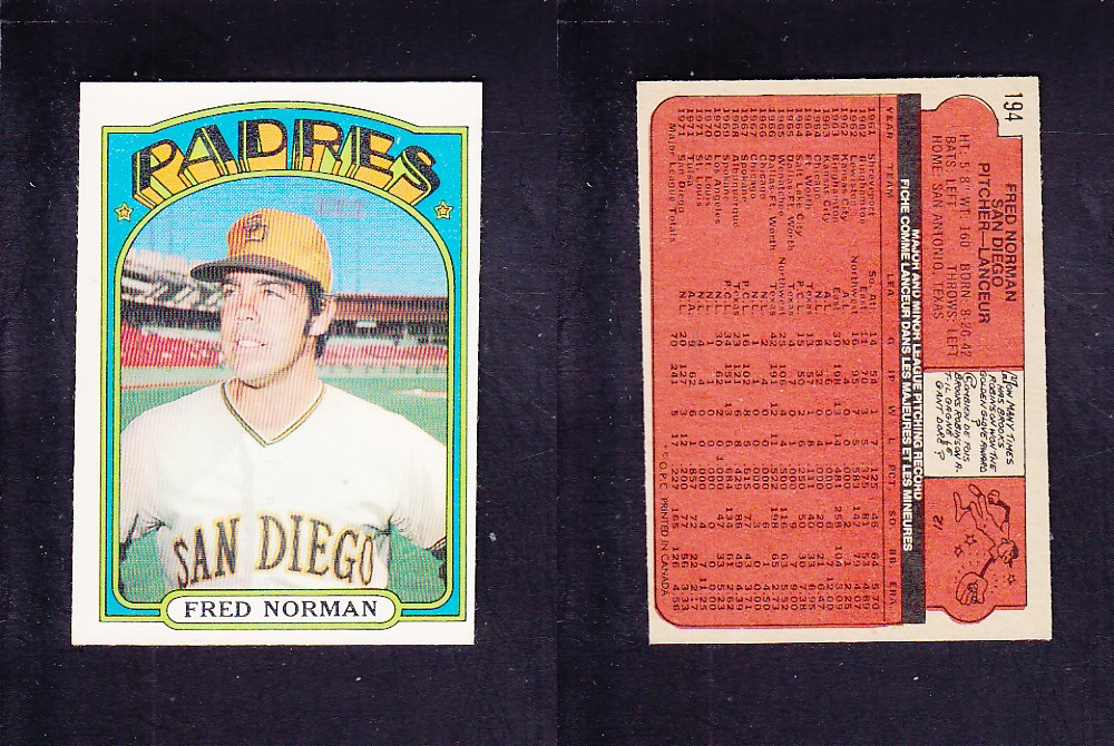 1972 O-PEE-CHEE BASEBALL CARD #194 F. NORMAN photo