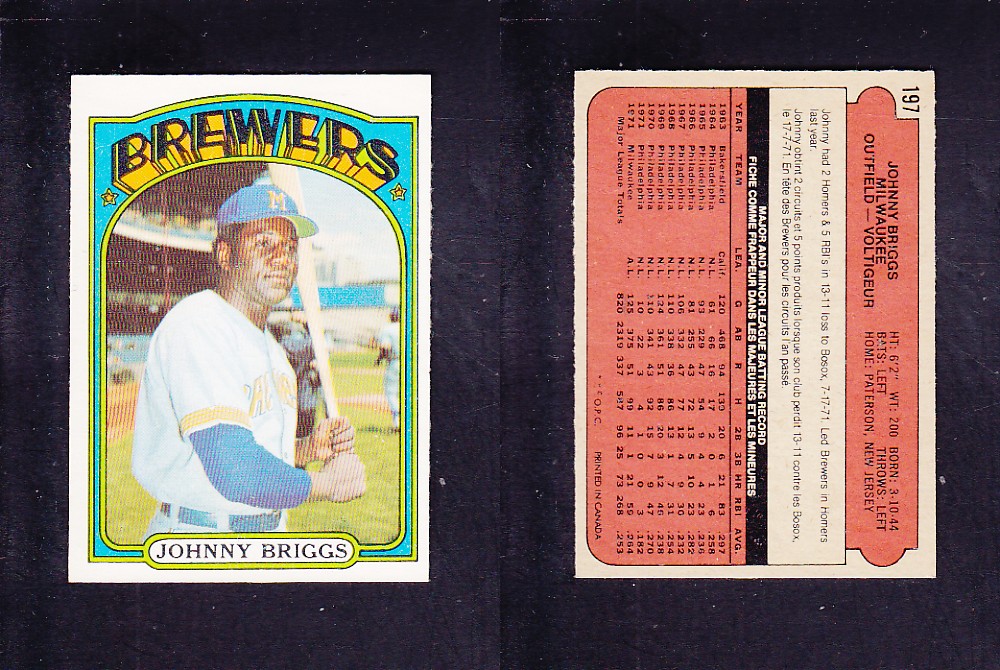 1972 O-PEE-CHEE BASEBALL CARD #197 J. BRIGGS photo