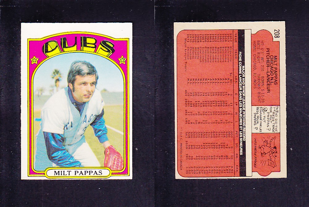 1972 O-PEE-CHEE BASEBALL CARD #208 M. PAPPAS photo